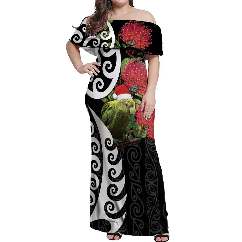 New Zealand Kakapo Christmas Off Shoulder Maxi Dress Meri Kirihimete Pohutukawa Flowers LT9 Women Black - Polynesian Pride