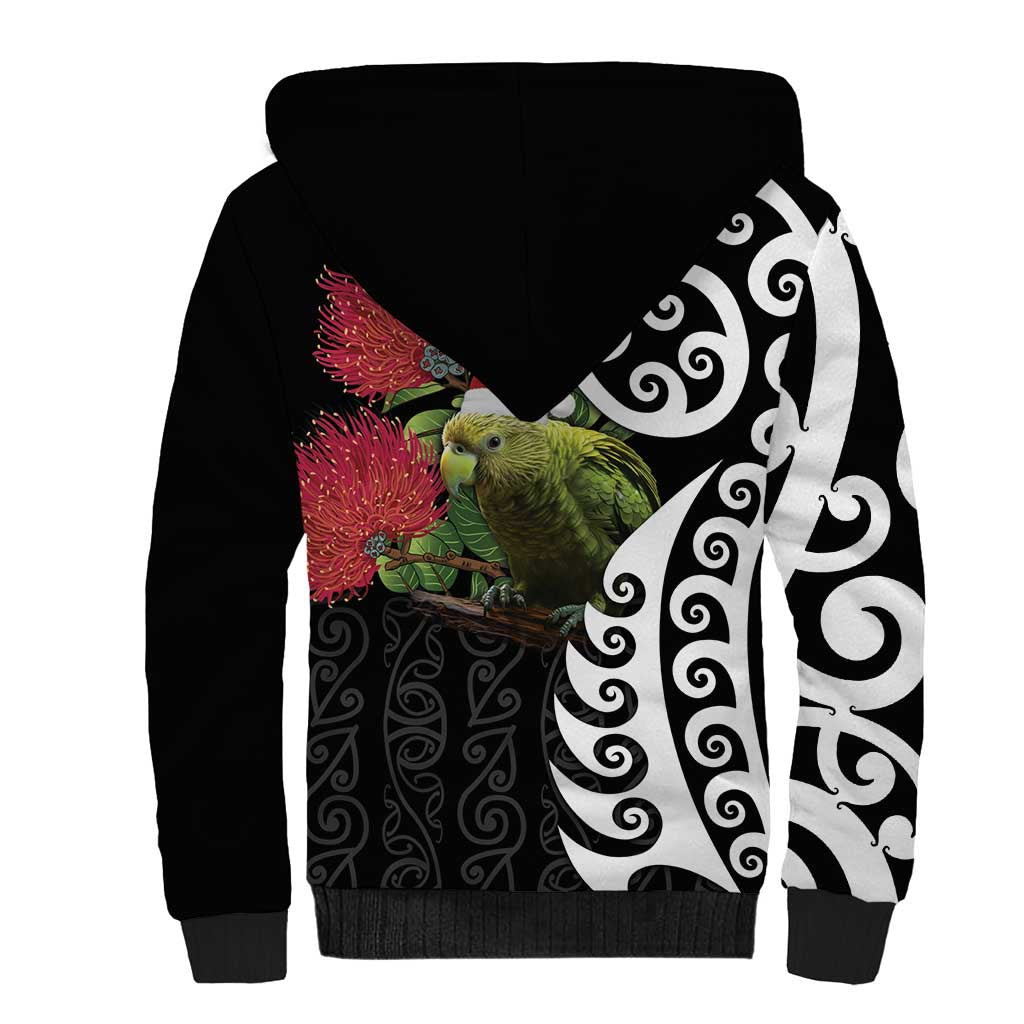 New Zealand Kakapo Christmas Sherpa Hoodie Meri Kirihimete Pohutukawa Flowers LT9 - Polynesian Pride