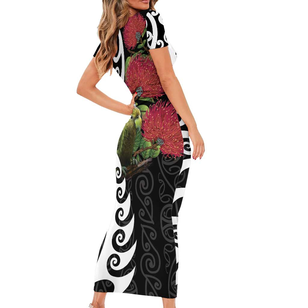 New Zealand Kakapo Christmas Short Sleeve Bodycon Dress Meri Kirihimete Pohutukawa Flowers LT9 - Polynesian Pride
