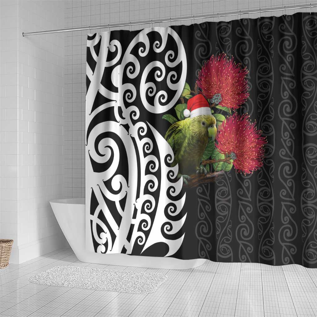 New Zealand Kakapo Christmas Shower Curtain Meri Kirihimete Pohutukawa Flowers LT9 - Polynesian Pride