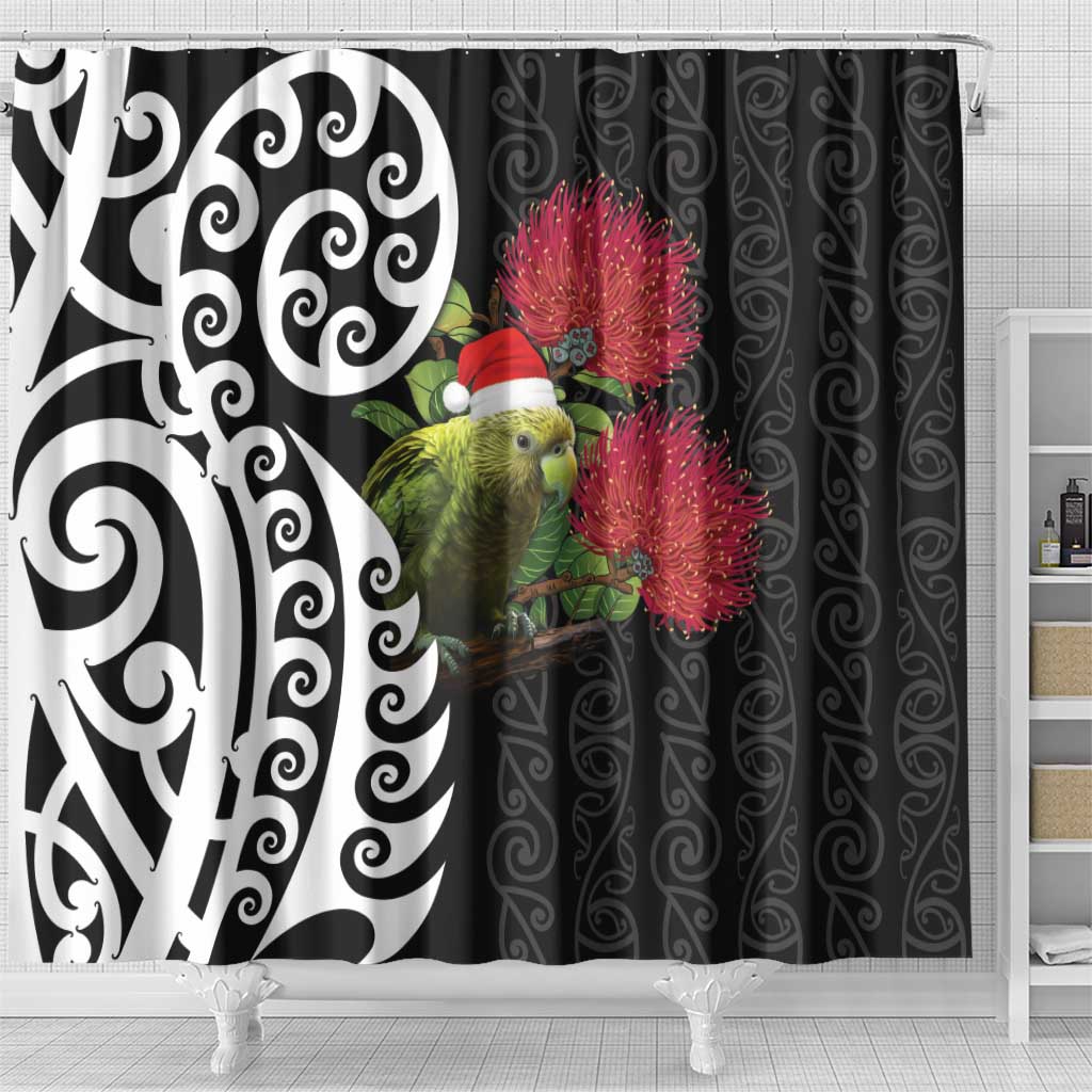 New Zealand Kakapo Christmas Shower Curtain Meri Kirihimete Pohutukawa Flowers LT9 - Polynesian Pride