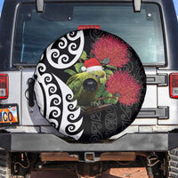 New Zealand Kakapo Christmas Spare Tire Cover Meri Kirihimete Pohutukawa Flowers LT9 Black - Polynesian Pride