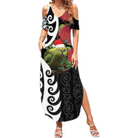 New Zealand Kakapo Christmas Summer Maxi Dress Meri Kirihimete Pohutukawa Flowers LT9 Women Black - Polynesian Pride