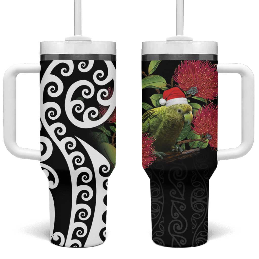 New Zealand Kakapo Christmas Tumbler With Handle Meri Kirihimete Pohutukawa Flowers LT9 One Size: 40 oz Black - Polynesian Pride