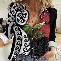 New Zealand Kakapo Christmas Women Casual Shirt Meri Kirihimete Pohutukawa Flowers LT9 Female Black - Polynesian Pride