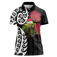 New Zealand Kakapo Christmas Women Polo Shirt Meri Kirihimete Pohutukawa Flowers LT9 Female Black - Polynesian Pride