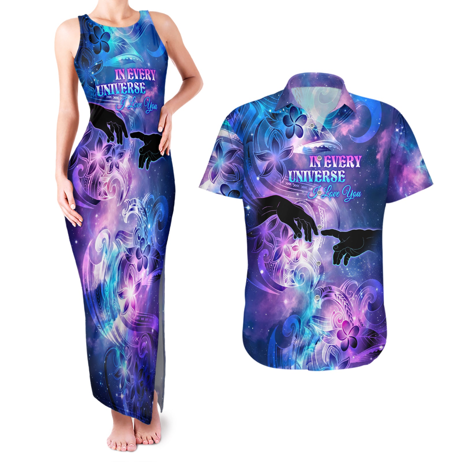 I Love You In Every Universe Personalised Couples Matching Tank Maxi Dress and Hawaiian Shirt Polynesian Pattern Galaxy Style LT9 Galaxy - Polynesian Pride