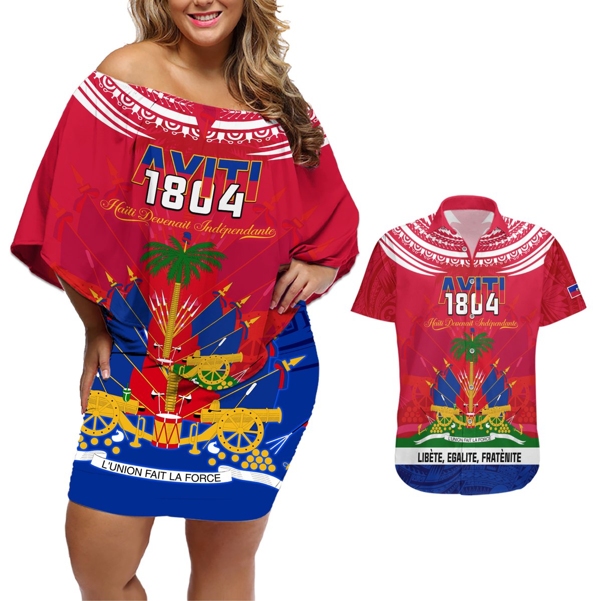 Haiti Independence Day Couples Matching Off Shoulder Short Dress and Hawaiian Shirt Libete Egalite Fratenite Ayiti 1804 With Polynesian Pattern LT9 Red - Polynesian Pride
