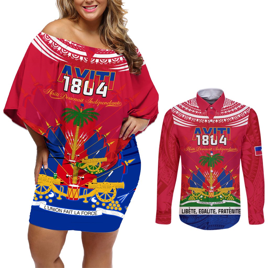 Haiti Independence Day Couples Matching Off Shoulder Short Dress and Long Sleeve Button Shirt Libete Egalite Fratenite Ayiti 1804 With Polynesian Pattern LT9 Red - Polynesian Pride