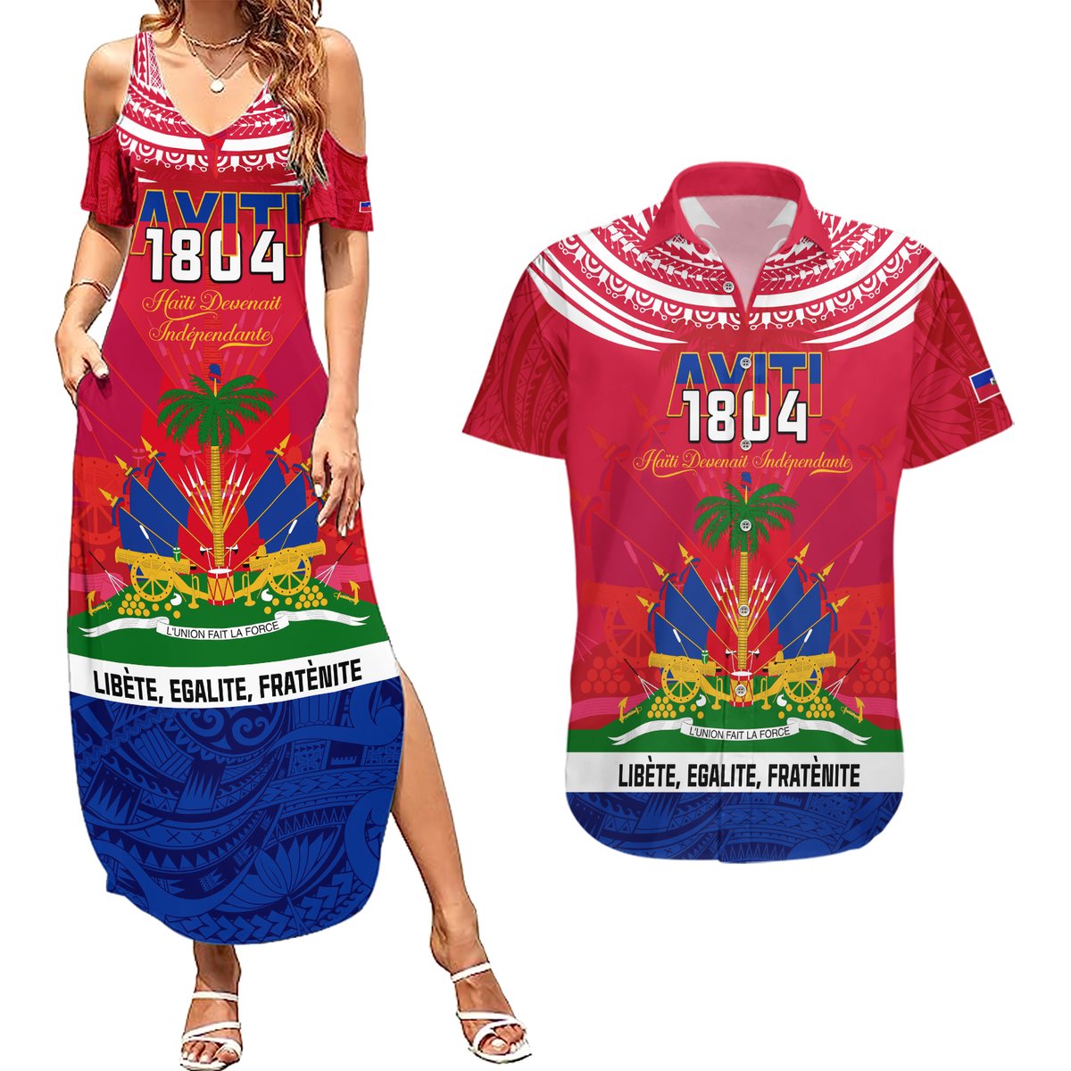 Haiti Independence Day Couples Matching Summer Maxi Dress and Hawaiian Shirt Libete Egalite Fratenite Ayiti 1804 With Polynesian Pattern LT9 Red - Polynesian Pride