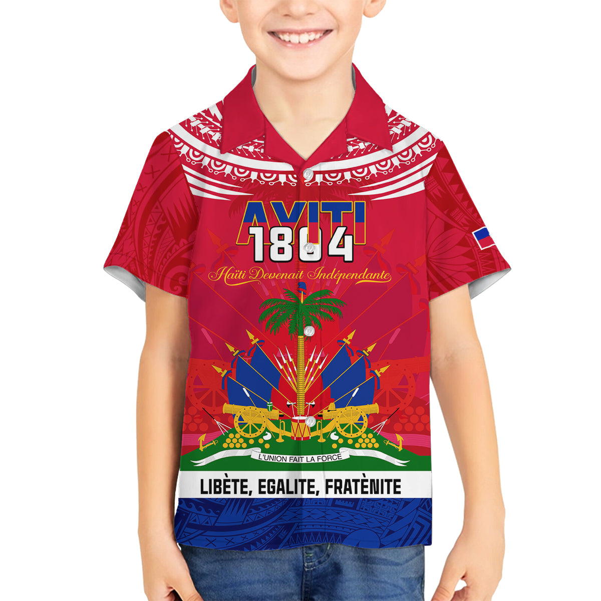Haiti Independence Day Family Matching Off Shoulder Long Sleeve Dress and Hawaiian Shirt Libete Egalite Fratenite Ayiti 1804 With Polynesian Pattern LT9 Son's Shirt Red - Polynesian Pride