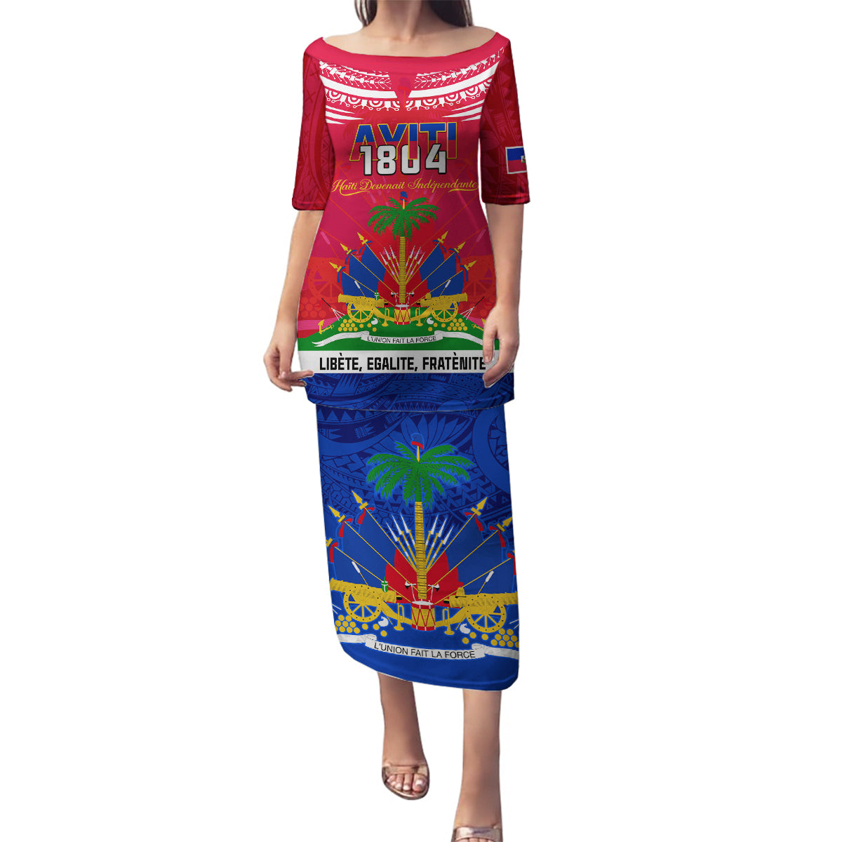 Haiti Independence Day Family Matching Puletasi Dress and Hawaiian Shirt Libete Egalite Fratenite Ayiti 1804 With Polynesian Pattern LT9 Mom's Dress Red - Polynesian Pride