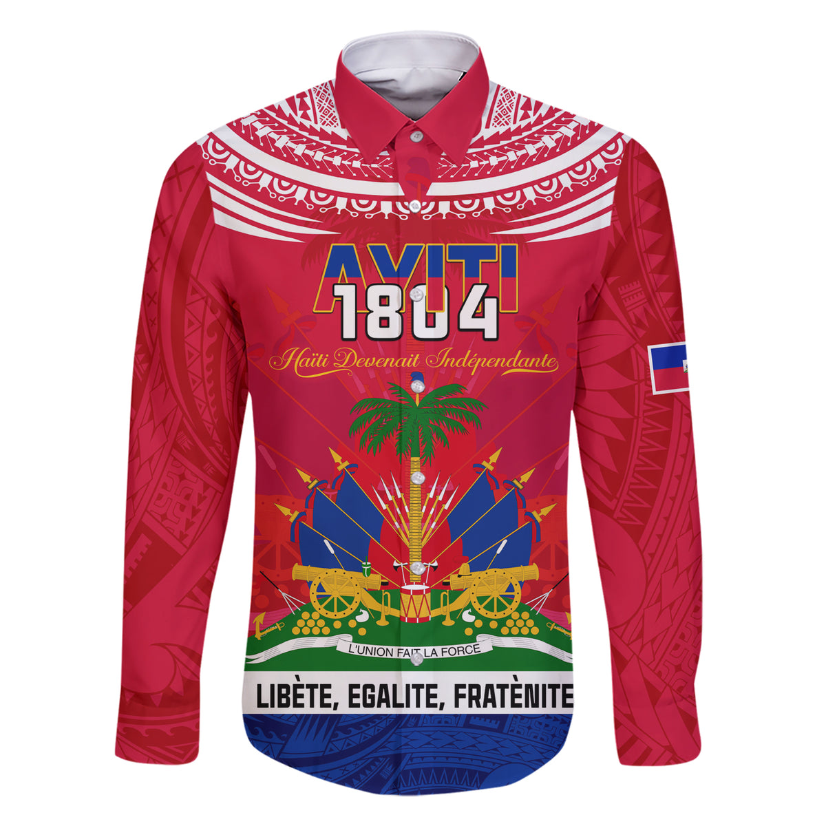 Haiti Independence Day Family Matching Short Sleeve Bodycon Dress and Hawaiian Shirt Libete Egalite Fratenite Ayiti 1804 With Polynesian Pattern LT9 Dad's Shirt - Long Sleeve Red - Polynesian Pride