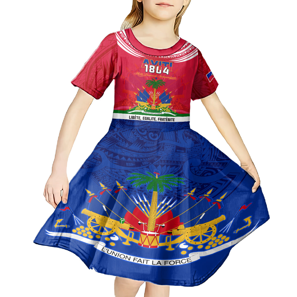 Haiti Independence Day Kid Short Sleeve Dress Libete Egalite Fratenite Ayiti 1804 With Polynesian Pattern LT9 - Polynesian Pride