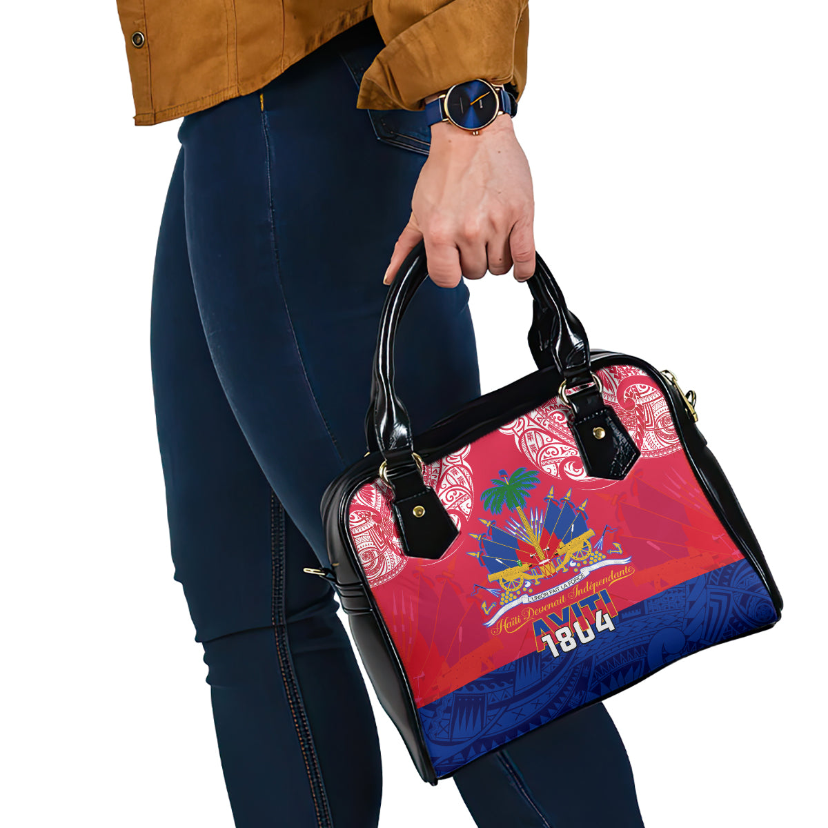 Haiti Independence Day Shoulder Handbag Libete Egalite Fratenite Ayiti 1804 With Polynesian Pattern LT9 - Polynesian Pride