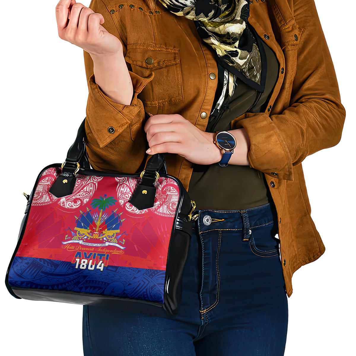 Haiti Independence Day Shoulder Handbag Libete Egalite Fratenite Ayiti 1804 With Polynesian Pattern LT9 - Polynesian Pride