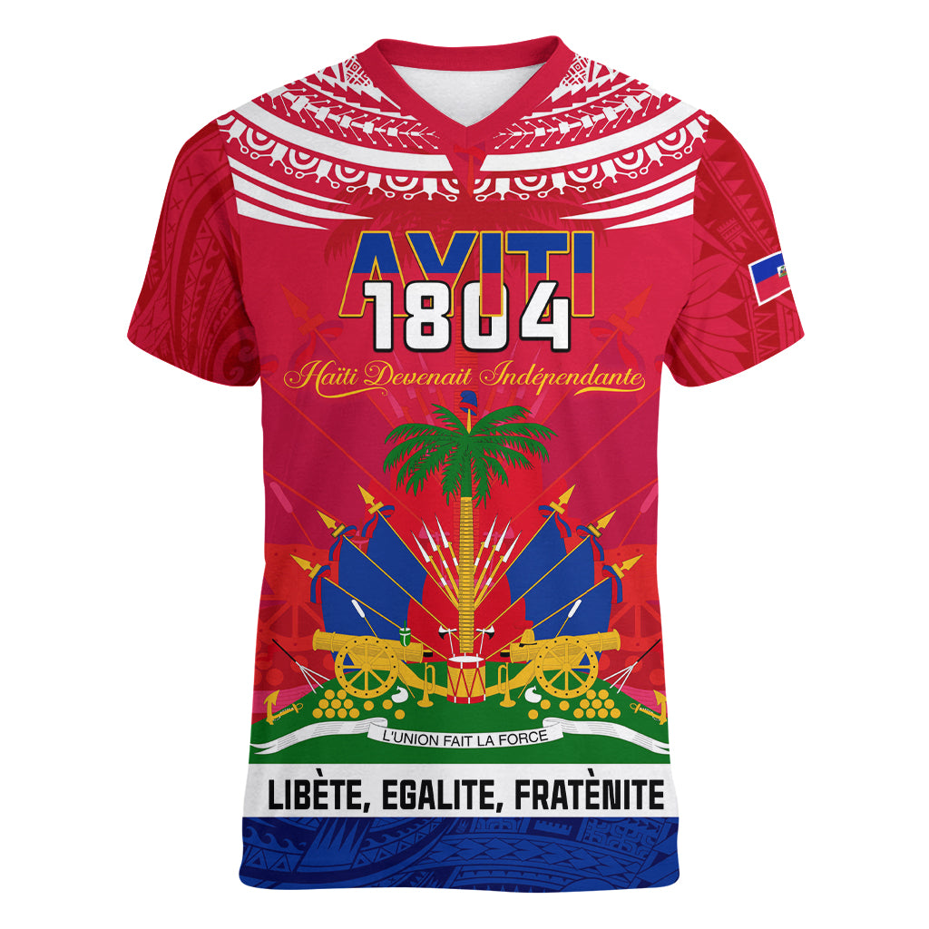 Haiti Independence Day Women V Neck T Shirt Libete Egalite Fratenite Ayiti 1804 With Polynesian Pattern LT9 Female Red - Polynesian Pride