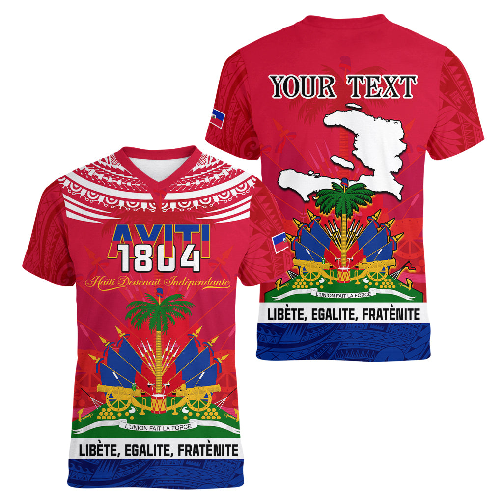 Haiti Independence Day Women V Neck T Shirt Libete Egalite Fratenite Ayiti 1804 With Polynesian Pattern LT9 - Polynesian Pride