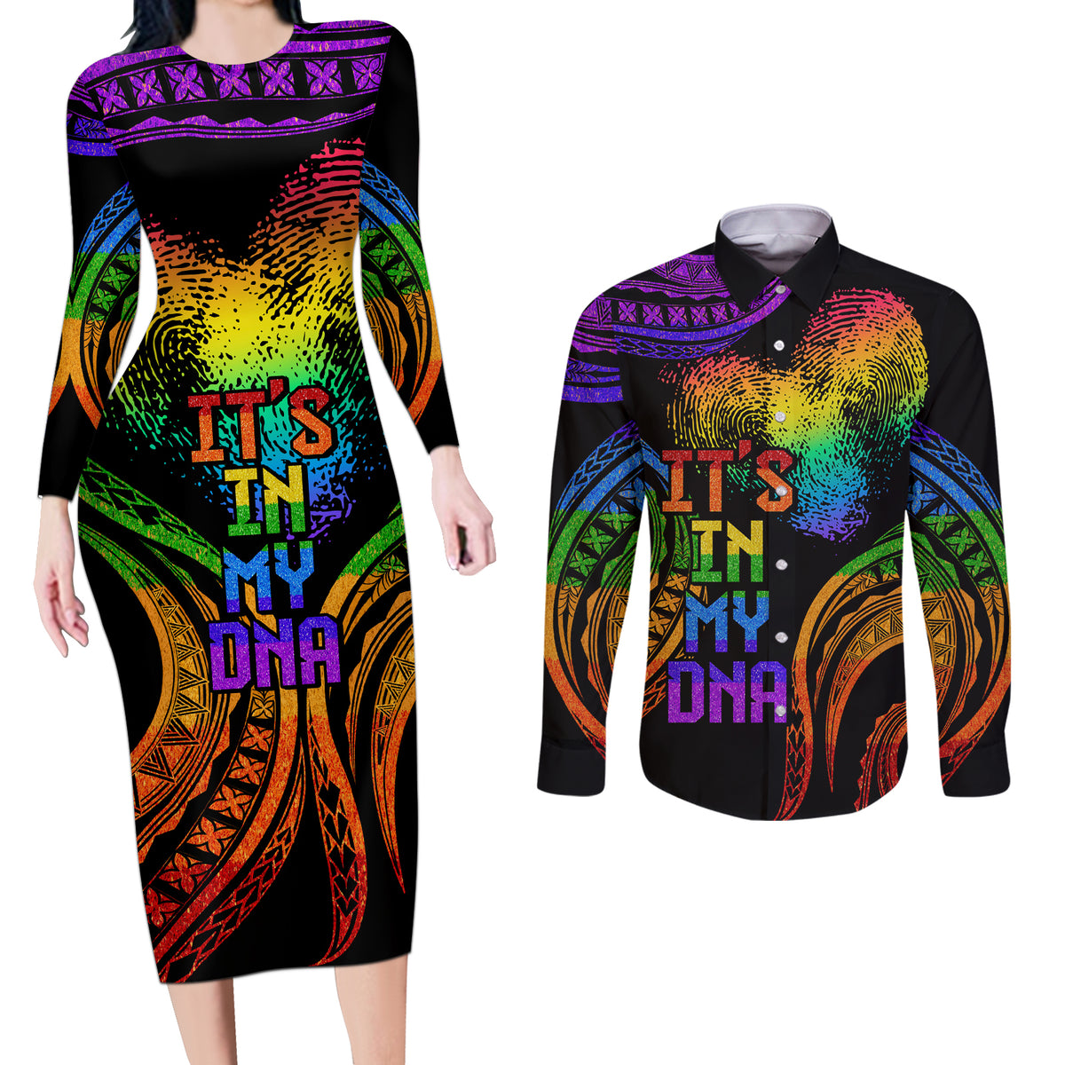 Personalised Its In My DNA Valentine Day Couples Matching Long Sleeve Bodycon Dress and Long Sleeve Button Shirt Fingerprint Heart with Color Pride Flag LT9 No Dress - Polynesian Pride