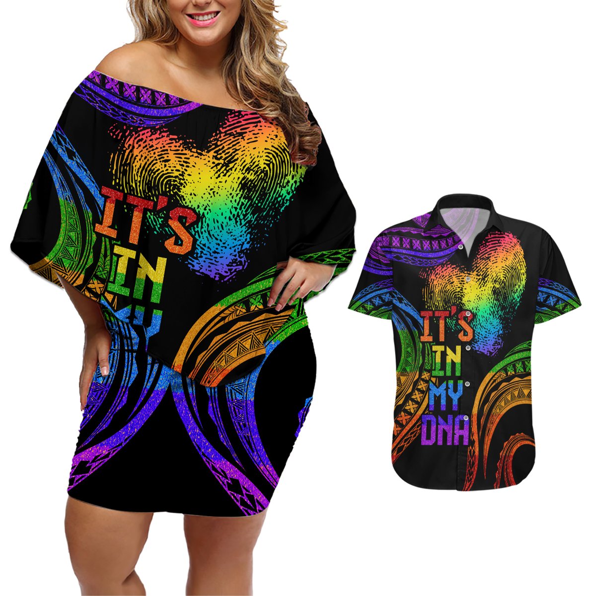 Personalised Its In My DNA Valentine Day Couples Matching Off Shoulder Short Dress and Hawaiian Shirt Fingerprint Heart with Color Pride Flag LT9 No Dress - Polynesian Pride
