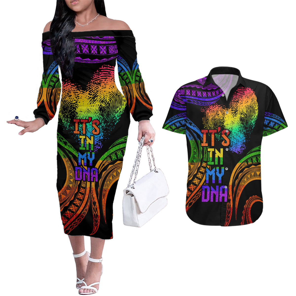 Personalised Its In My DNA Valentine Day Couples Matching Off The Shoulder Long Sleeve Dress and Hawaiian Shirt Fingerprint Heart with Color Pride Flag LT9 No Dress - Polynesian Pride