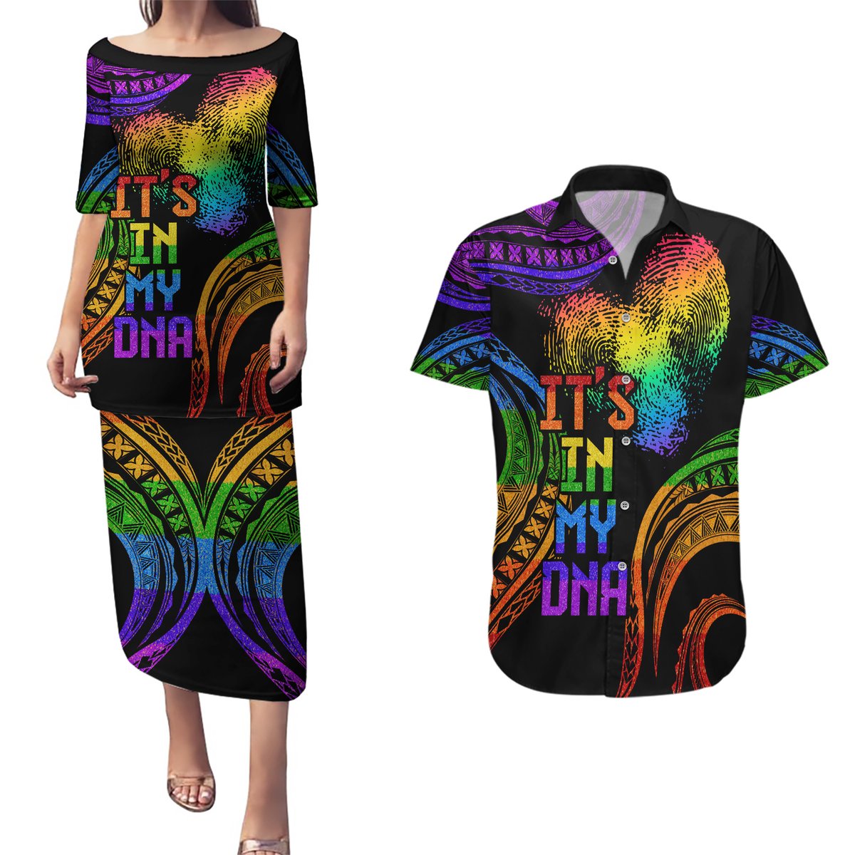 Personalised Its In My DNA Valentine Day Couples Matching Puletasi and Hawaiian Shirt Fingerprint Heart with Color Pride Flag LT9 - Polynesian Pride