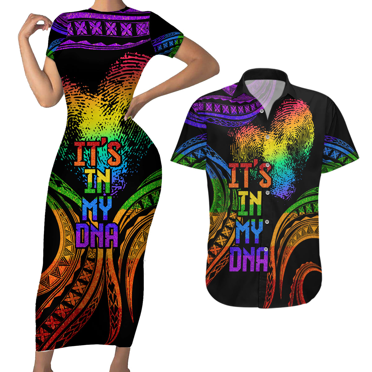 Personalised Its In My DNA Valentine Day Couples Matching Short Sleeve Bodycon Dress and Hawaiian Shirt Fingerprint Heart with Color Pride Flag LT9 No Dress - Polynesian Pride
