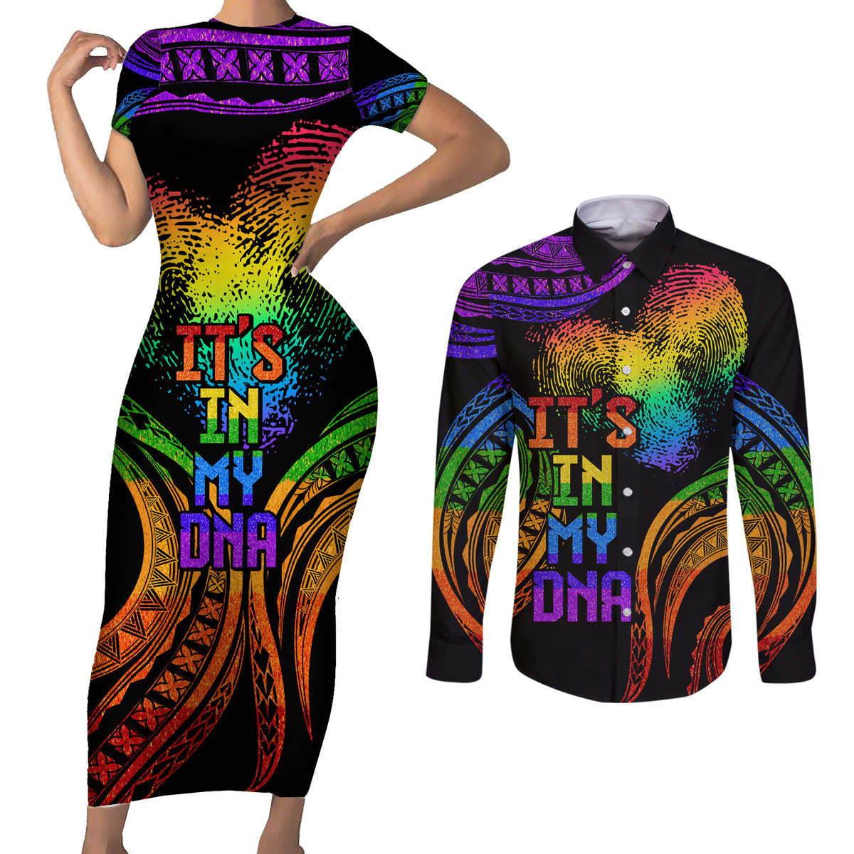 Personalised Its In My DNA Valentine Day Couples Matching Short Sleeve Bodycon Dress and Long Sleeve Button Shirt Fingerprint Heart with Color Pride Flag LT9 No Dress - Polynesian Pride