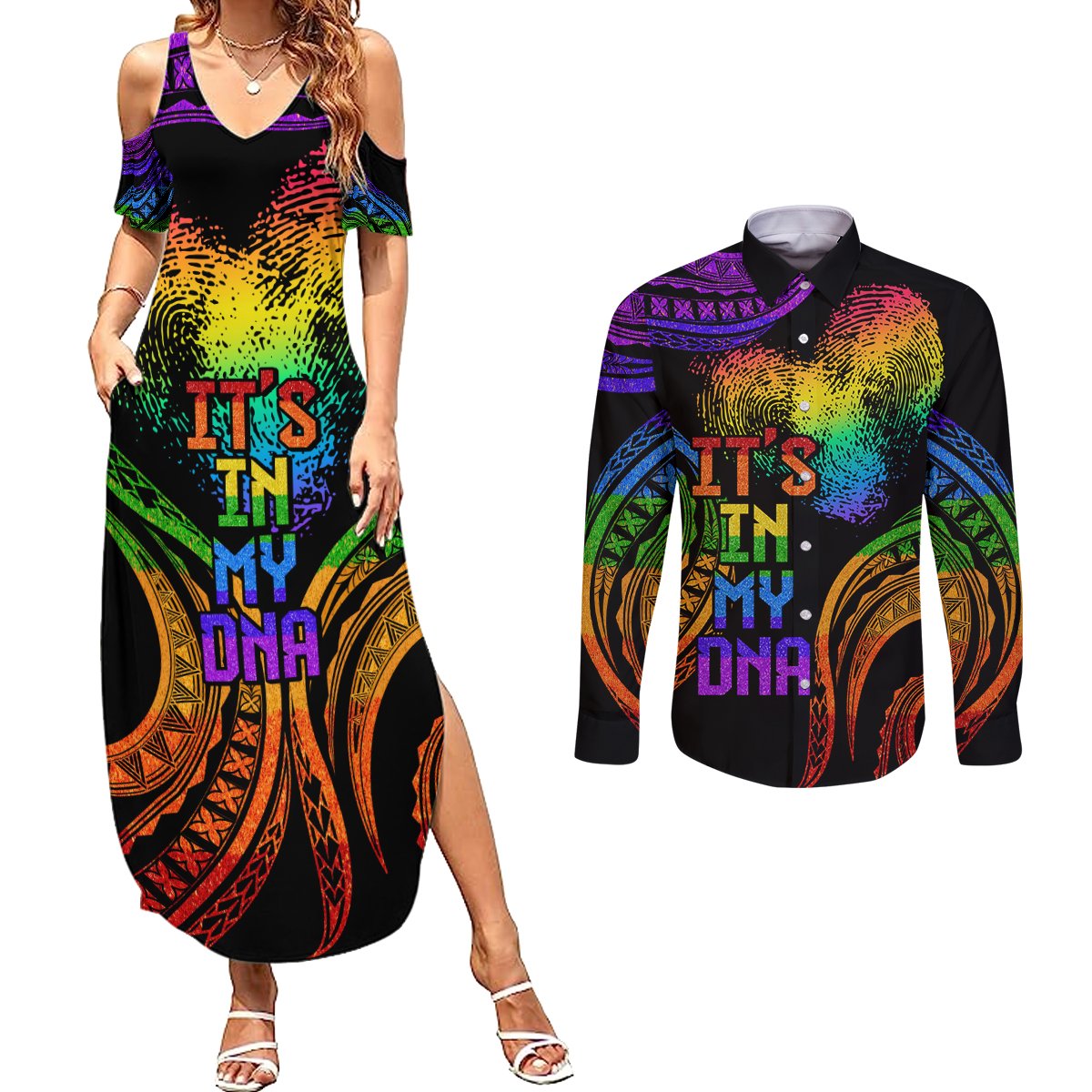Personalised Its In My DNA Valentine Day Couples Matching Summer Maxi Dress and Long Sleeve Button Shirt Fingerprint Heart with Color Pride Flag LT9 - Polynesian Pride