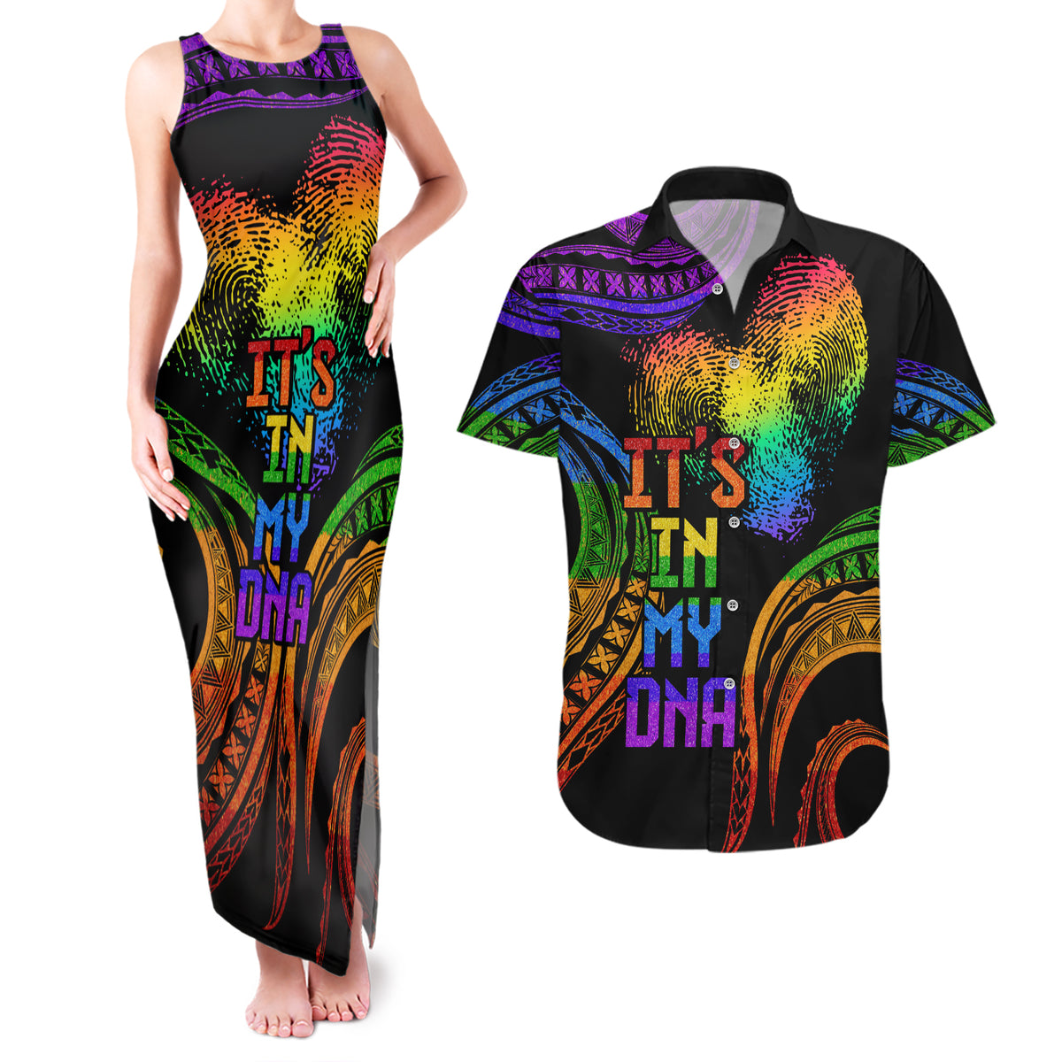 Personalised Its In My DNA Valentine Day Couples Matching Tank Maxi Dress and Hawaiian Shirt Fingerprint Heart with Color Pride Flag LT9 No Dress - Polynesian Pride