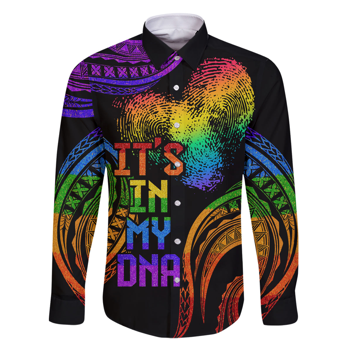 Personalised Its In My DNA Valentine Day Family Matching Long Sleeve Bodycon Dress and Hawaiian Shirt Fingerprint Heart with Color Pride Flag LT9 Dad's Shirt - Long Sleeve - Polynesian Pride