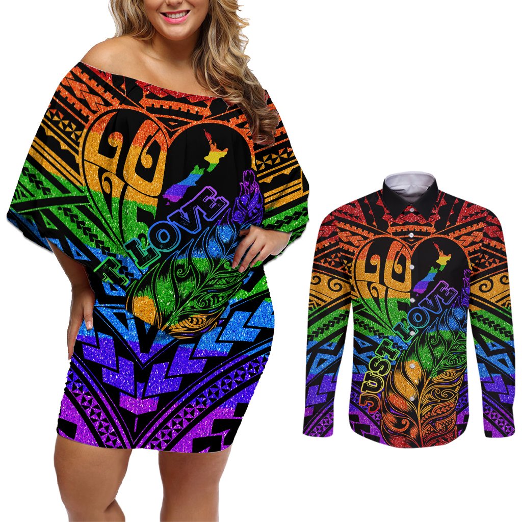 New Zealand LGBT Fern Heart Couples Matching Off Shoulder Short Dress and Long Sleeve Button Shirt Dont judge What You Dont Understand LT9 No Dress - Polynesian Pride