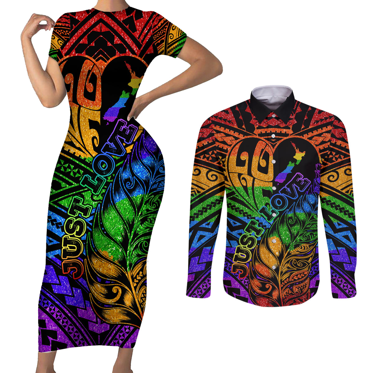 New Zealand LGBT Fern Heart Couples Matching Short Sleeve Bodycon Dress and Long Sleeve Button Shirt Dont judge What You Dont Understand LT9 No Dress - Polynesian Pride