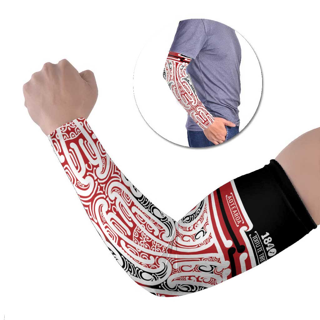 Personalised Toitu Te Tiriti Aotearoa 1840 Arm Sleeves Red Kowhaiwhai Puhoro - Polynesian Pride