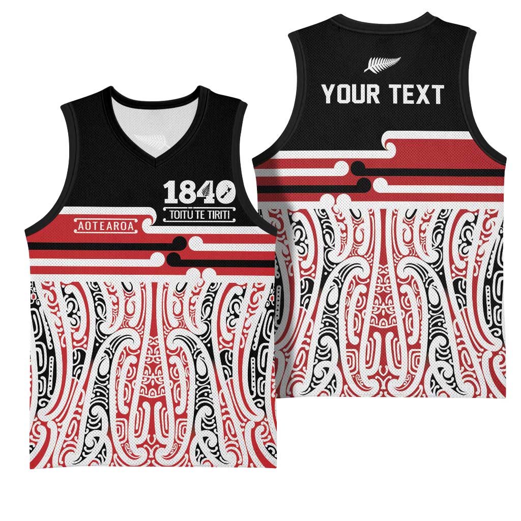 Personalised Toitu Te Tiriti Aotearoa 1840 Basketball Jersey Red Kowhaiwhai Puhoro - Polynesian Pride