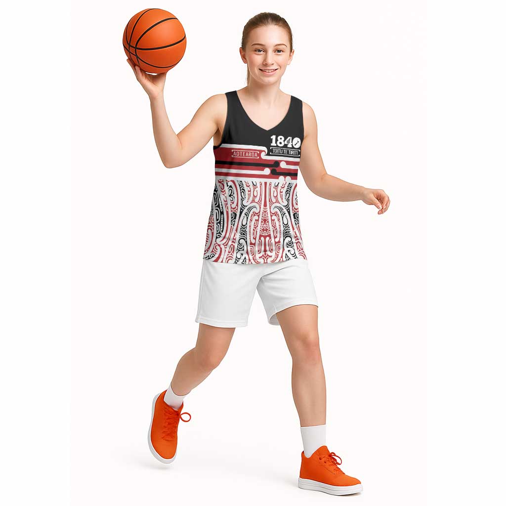 Personalised Toitu Te Tiriti Aotearoa 1840 Basketball Jersey Red Kowhaiwhai Puhoro - Polynesian Pride