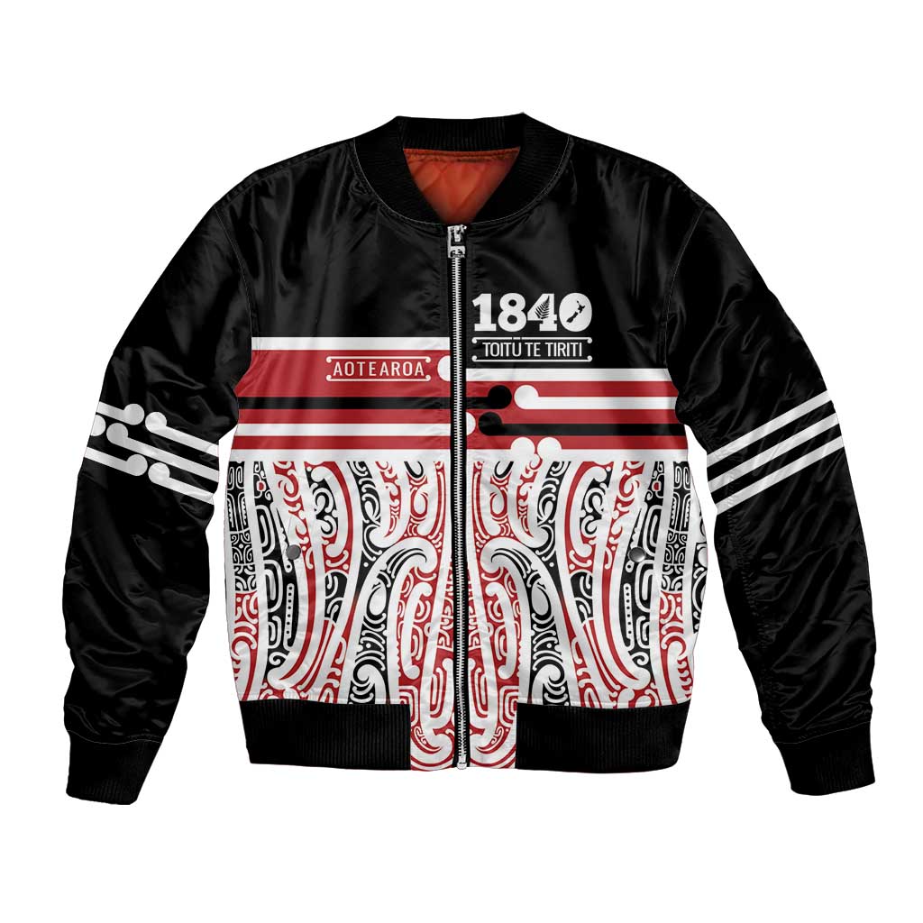 Personalised Toitu Te Tiriti Aotearoa 1840 Bomber Jacket Red Kowhaiwhai Puhoro - Polynesian Pride