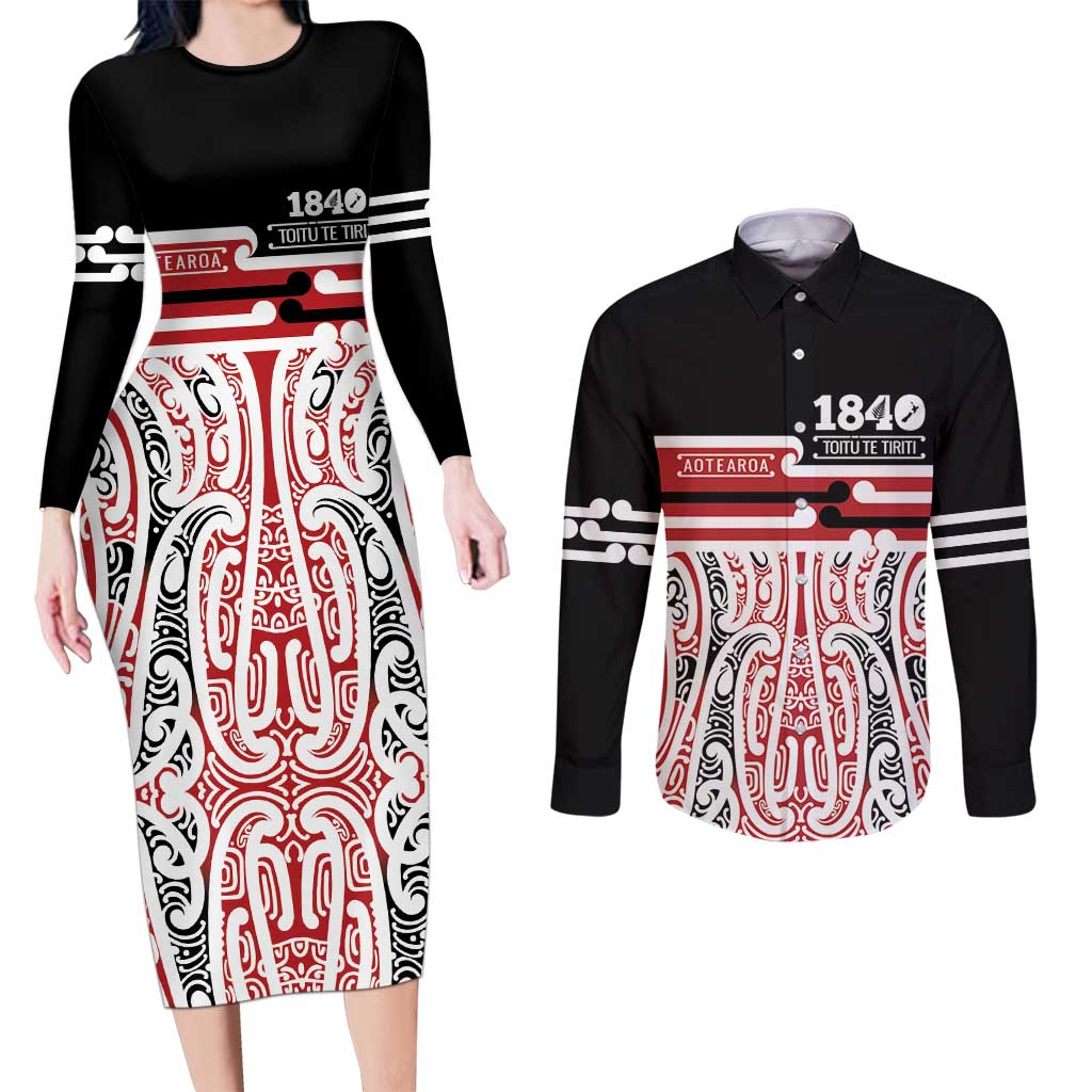 Personalised Toitu Te Tiriti Aotearoa 1840 Couples Matching Long Sleeve Bodycon Dress and Long Sleeve Button Shirt Red Kowhaiwhai Puhoro LT9 Black - Polynesian Pride