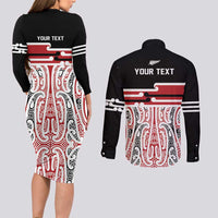 Personalised Toitu Te Tiriti Aotearoa 1840 Couples Matching Long Sleeve Bodycon Dress and Long Sleeve Button Shirt Red Kowhaiwhai Puhoro LT9 - Polynesian Pride
