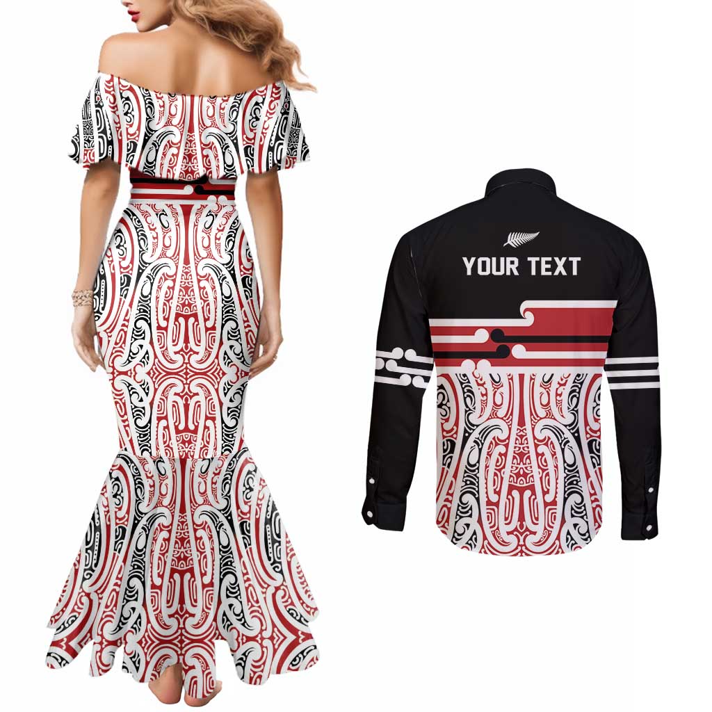Personalised Toitu Te Tiriti Aotearoa 1840 Couples Matching Mermaid Dress and Long Sleeve Button Shirt Red Kowhaiwhai Puhoro LT9 - Polynesian Pride