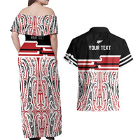 Personalised Toitu Te Tiriti Aotearoa 1840 Couples Matching Off Shoulder Maxi Dress and Hawaiian Shirt Red Kowhaiwhai Puhoro LT9 - Polynesian Pride