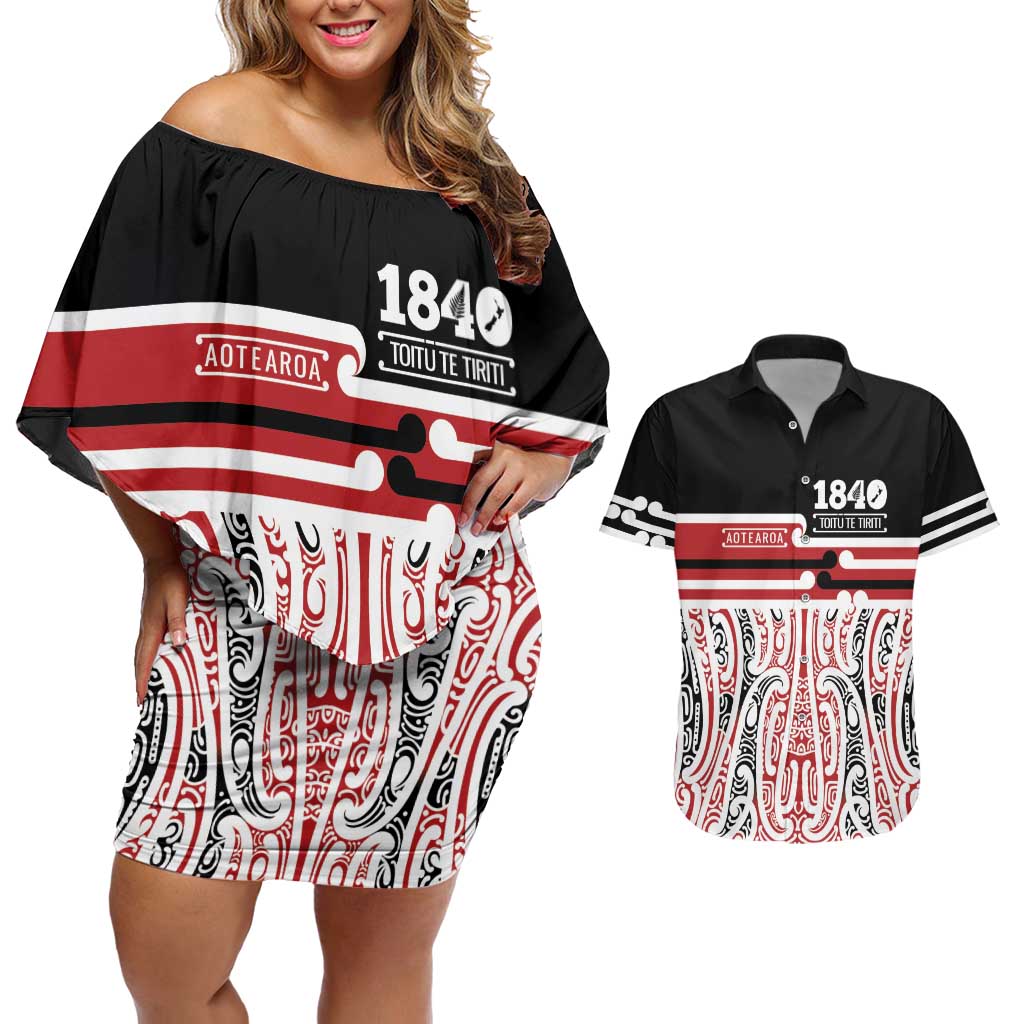 Personalised Toitu Te Tiriti Aotearoa 1840 Couples Matching Off Shoulder Short Dress and Hawaiian Shirt Red Kowhaiwhai Puhoro - Polynesian Pride