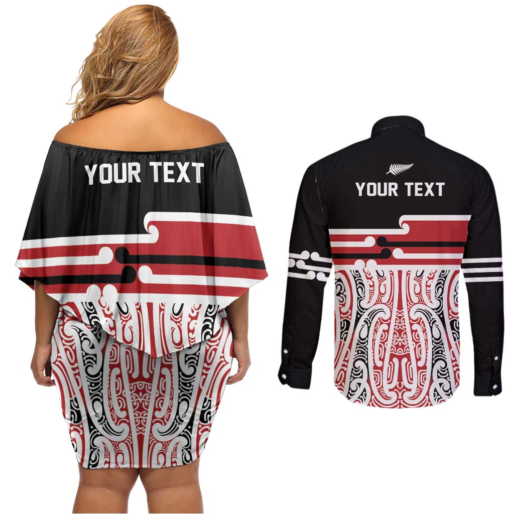 Personalised Toitu Te Tiriti Aotearoa 1840 Couples Matching Off Shoulder Short Dress and Long Sleeve Button Shirt Red Kowhaiwhai Puhoro LT9 - Polynesian Pride