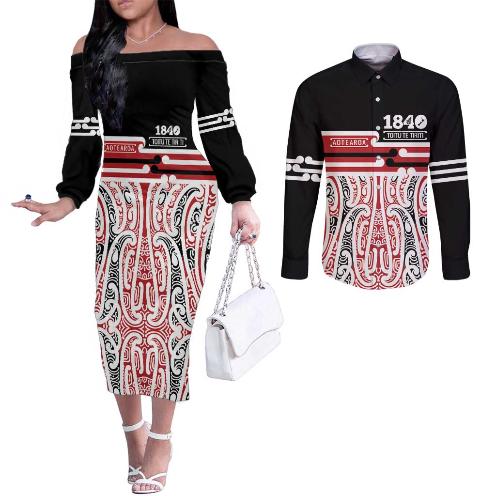 Personalised Toitu Te Tiriti Aotearoa 1840 Couples Matching Off The Shoulder Long Sleeve Dress and Long Sleeve Button Shirt Red Kowhaiwhai Puhoro LT9 Black - Polynesian Pride