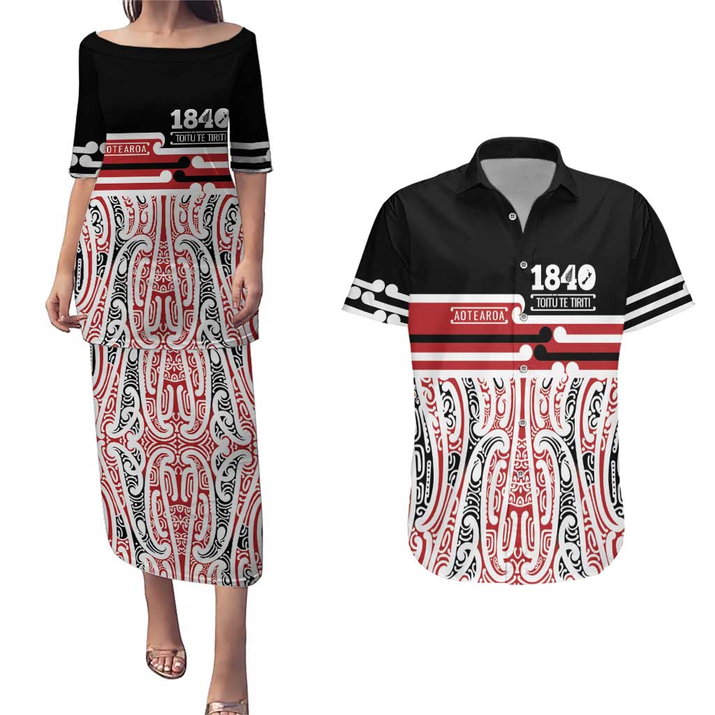 Personalised Toitu Te Tiriti Aotearoa 1840 Couples Matching Puletasi and Hawaiian Shirt Red Kowhaiwhai Puhoro LT9 Black - Polynesian Pride