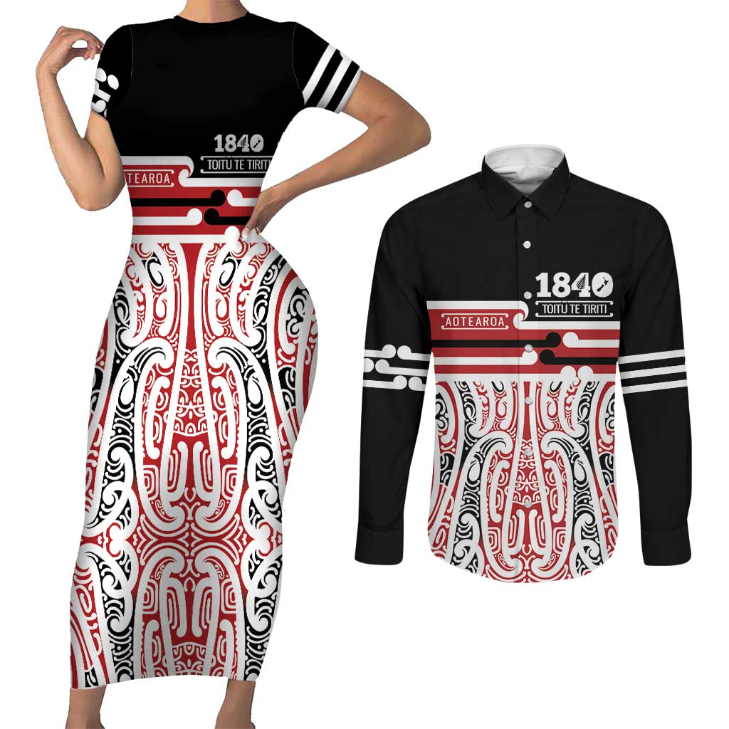 Personalised Toitu Te Tiriti Aotearoa 1840 Couples Matching Short Sleeve Bodycon Dress and Long Sleeve Button Shirt Red Kowhaiwhai Puhoro LT9 Black - Polynesian Pride