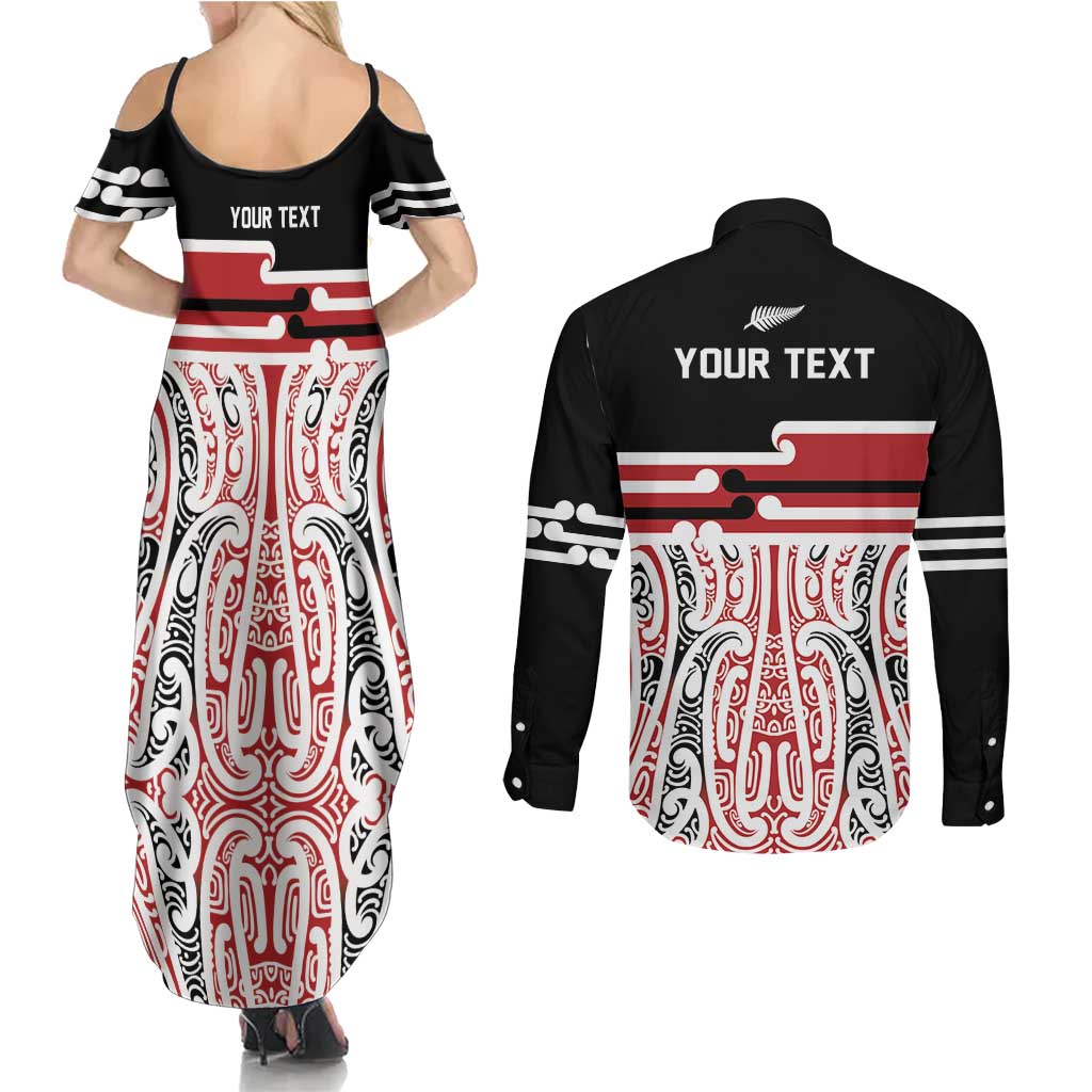 Personalised Toitu Te Tiriti Aotearoa 1840 Couples Matching Summer Maxi Dress and Long Sleeve Button Shirt Red Kowhaiwhai Puhoro - Polynesian Pride