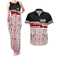 Personalised Toitu Te Tiriti Aotearoa 1840 Couples Matching Tank Maxi Dress and Hawaiian Shirt Red Kowhaiwhai Puhoro LT9 Black - Polynesian Pride