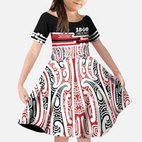 Personalised Toitu Te Tiriti Aotearoa 1840 Family Matching Long Sleeve Bodycon Dress and Hawaiian Shirt Red Kowhaiwhai Puhoro LT9 Daughter's Dress Black - Polynesian Pride
