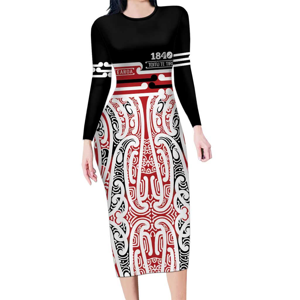 Personalised Toitu Te Tiriti Aotearoa 1840 Family Matching Long Sleeve Bodycon Dress and Hawaiian Shirt Red Kowhaiwhai Puhoro LT9 Mom's Dress Black - Polynesian Pride